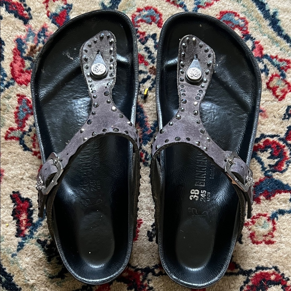 Birkenstock Black Footbed Thong Sandals with Brown Suede Studded Straps